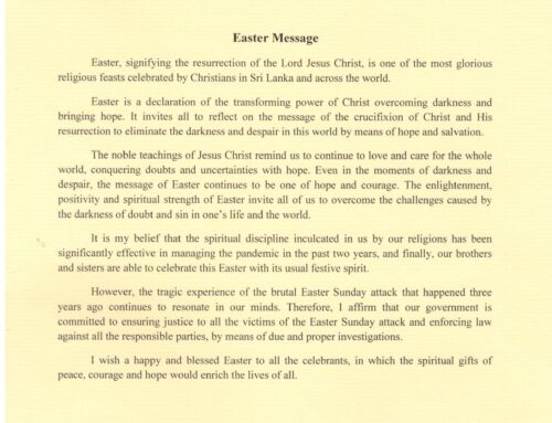 EASTER SUNDAY MESSAGE OF H.E. GOTABAYA RAJAPAKSA, PRESIDENT OF SRI LANKA
