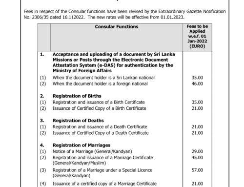 Revision of fees on consular services provided by the  Embassy of Sri Lanka