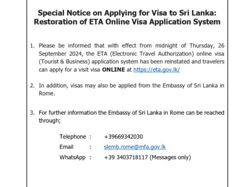 Special Notice on Applying for Visa to Sri Lanka: Restoration of ETA Online Visa Application System