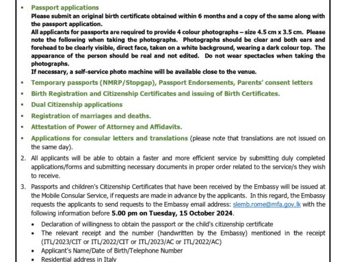 ANNOUNCEMENT  Mobile Consular Service in Naples – Saturday, 19th October 2024